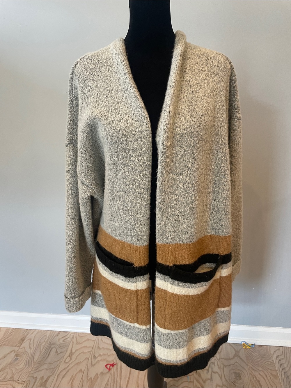 Cozy Open-Front Striped Cardigan Sweater - grey & Beige & Tan
